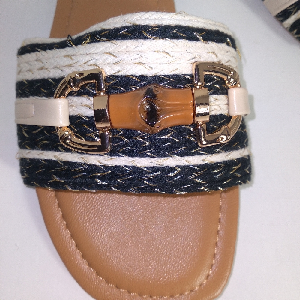 Beige and Black Band W/Bamboo Design Slide Sandals - Picture 5 of 7